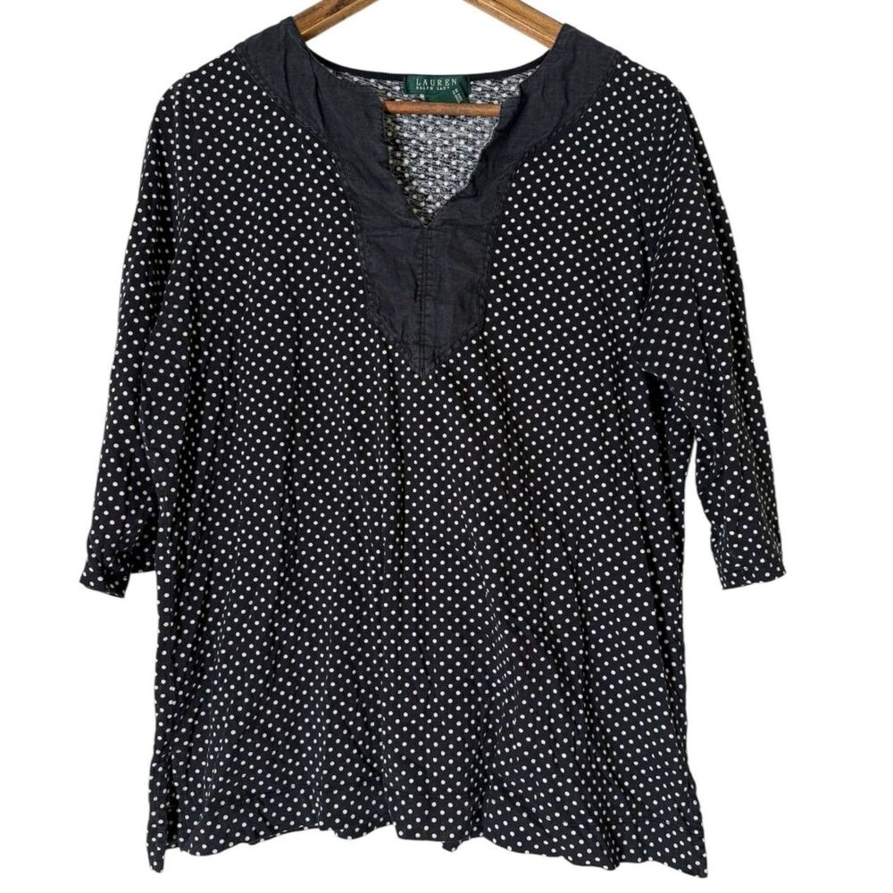 Lauren Ralph Lauren Black Polka Dot Popover Top Womens Sz 1X Cotton 3/4 Sleeve